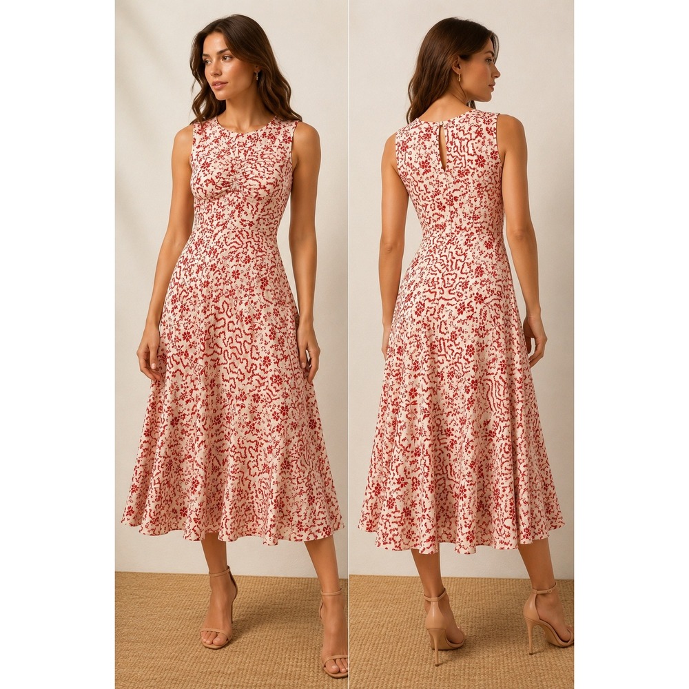 Isabel Marant Sleeveless Ruched Floral Dress FR34 Red Ivory Silk Blend